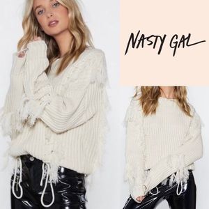 Nasty Gal Cozy Cream Chunky Knit Tassel Sweater
